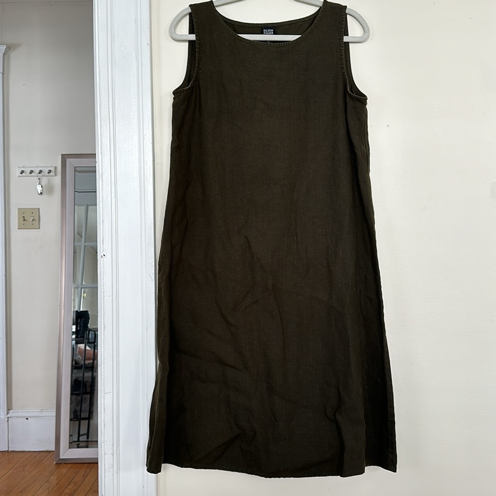 Eileen Fisher Washable 100% Linen Olive Green Sleeveless Dress